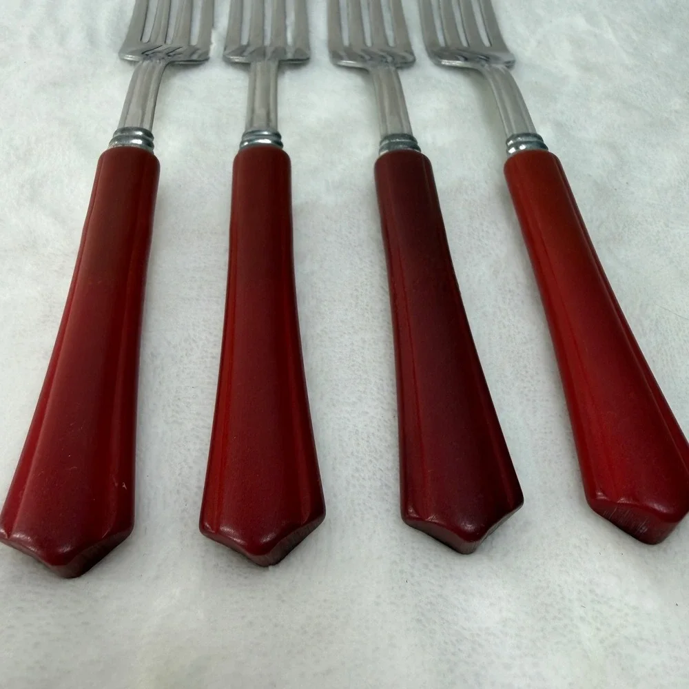 VTG Red Bakelite Handle‎ Dinner Forks Set of 4 Mid Century Retro MCM